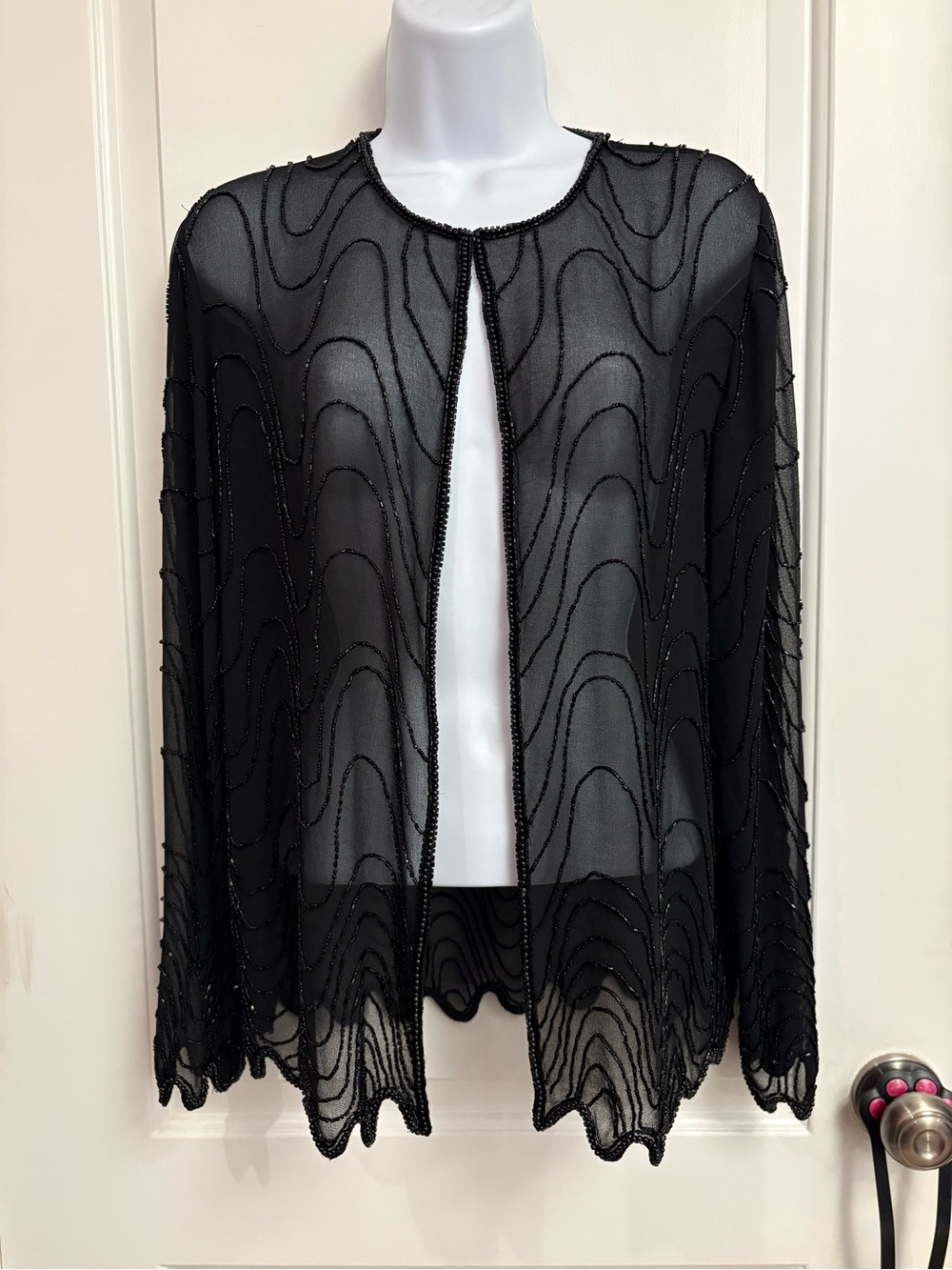 After Five Sheer Fully Beaded Scallop Hem Cardigan Black Large